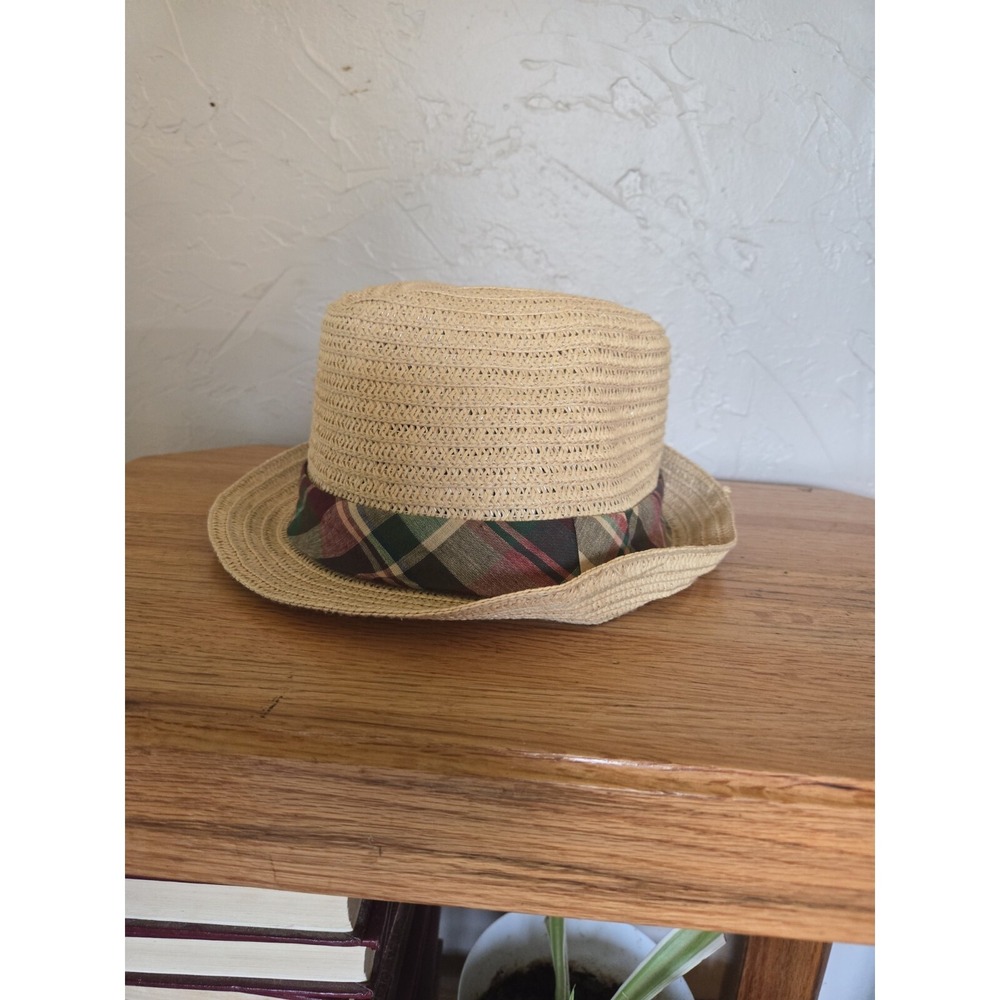 VTG POLO RALPH LAUREN Brown/Red/green Plaid STRAW FEDORA HAT S/M